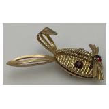 Vintage Sarah Coventry Bunny Brooch Gold Tone Red Rhinestones 2'
