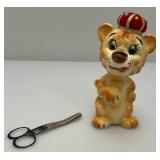 Vintage Porcelain Lion Pin Cushion Scissor Sewing Tool Holder 6'
