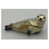 Vintage Enameled Seal Trinket Jar 3'