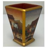 Very RARE Reverse Painted Glass Paneled Miniature Vase With Farmer Scene 3 3/4'