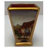 Very RARE Reverse Painted Glass Paneled Miniature Vase With Farmer Scene 3 3/4'