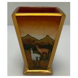 Very RARE Reverse Painted Glass Paneled Miniature Vase With Farmer Scene 3 3/4'