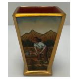 Very RARE Reverse Painted Glass Paneled Miniature Vase With Farmer Scene 3 3/4'