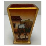 Very RARE Reverse Painted Glass Paneled Miniature Vase With Farmer Scene 3 3/4'