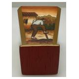 Very RARE Reverse Painted Glass Paneled Miniature Vase With Farmer Scene 3 3/4'