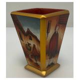 Very RARE Reverse Painted Glass Paneled Miniature Vase With Farmer Scene 3 3/4'