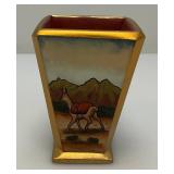 Very RARE Reverse Painted Glass Paneled Miniature Vase With Farmer Scene 3 3/4'