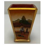 Very RARE Reverse Painted Glass Paneled Miniature Vase With Farmer Scene 3 3/4'