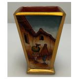 Very RARE Reverse Painted Glass Paneled Miniature Vase With Farmer Scene 3 3/4'