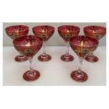 Antique  Set Of Six Persian Crystal - Ruby Red Gobblets With Nasser Al Din Portraiture 6 1/4'