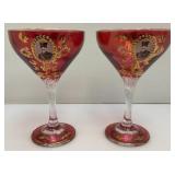 Antique  Set Of Six Persian Crystal - Ruby Red Gobblets With Nasser Al Din Portraiture 6 1/4'
