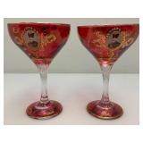 Antique  Set Of Six Persian Crystal - Ruby Red Gobblets With Nasser Al Din Portraiture 6 1/4'