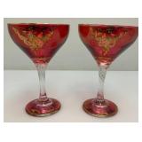 Antique  Set Of Six Persian Crystal - Ruby Red Gobblets With Nasser Al Din Portraiture 6 1/4'