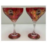 Antique  Set Of Six Persian Crystal - Ruby Red Gobblets With Nasser Al Din Portraiture 6 1/4'