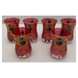 Antique  Set Of Six Persian Crystal - Ruby Red Tea Glasses With Nasser Al Din Portraiture 3 3/8''