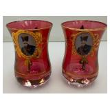 Antique  Set Of Six Persian Crystal - Ruby Red Tea Glasses With Nasser Al Din Portraiture 3 3/8''