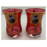 Antique  Set Of Six Persian Crystal - Ruby Red Tea Glasses With Nasser Al Din Portraiture 3 3/8''