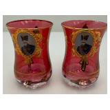 Antique  Set Of Six Persian Crystal - Ruby Red Tea Glasses With Nasser Al Din Portraiture 3 3/8''