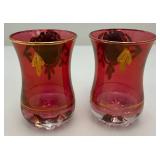 Antique  Set Of Six Persian Crystal - Ruby Red Tea Glasses With Nasser Al Din Portraiture 3 3/8''
