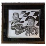 Dale Earnhardt Sr and Jr Black and White Lithograph