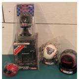 3 Collectors Helmets and 2 Baseballs