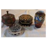 A Collection of Trinket Boxes and an Oriental Style Vase