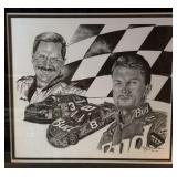 Dale Earnhardt Sr and Jr Black and White Lithograph
