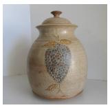 Signed Vintage Stoneware Jar w/Lid - Grape Cluster Decoration
