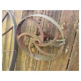 Group of Antique Cast Iron Items - Kettle, Scale, Wheel, Trap etc