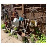 Large Group of Primitive Antique Items - 2 Gates, Watering Cans, Cast Iron Pump etc