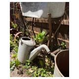 Large Group of Primitive Antique Items - 2 Gates, Watering Cans, Cast Iron Pump etc