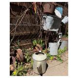 Large Group of Primitive Antique Items - 2 Gates, Watering Cans, Cast Iron Pump etc