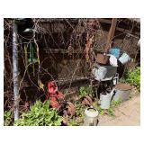 Large Group of Primitive Antique Items - 2 Gates, Watering Cans, Cast Iron Pump etc