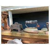 Large Lot of Antique Cast Iron Items - Many Irons, Horseshoes, Jacks etc