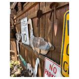 Contents of Fence Wall - Primitives, Antiques, Signs Cast Iron Items etc
