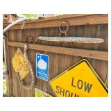 Contents of Fence Wall - Primitives, Antiques, Signs Cast Iron Items etc