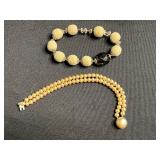 VTG Double-Strand Pearl Bead Bracelet (unauthenticated) & Cream Textured Bead Stretch Bracelet with Black Faceted Accent