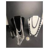 Collectible Cow Button, Black Bead Necklaces Set with Layered Silver Tone Chains & Dangling Earrings