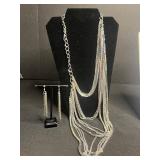Collectible Cow Button, Black Bead Necklaces Set with Layered Silver Tone Chains & Dangling Earrings