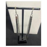 Collectible Cow Button, Black Bead Necklaces Set with Layered Silver Tone Chains & Dangling Earrings