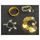 Bracelet Lot - 4 Mixed Bracelets, Gold Tone Bangle, Coin & Charm Styles