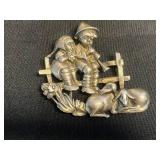 Silver Tone Figural Brooch Children and Rabbits