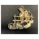 Silver Tone Figural Brooch Children and Rabbits