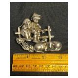 Silver Tone Figural Brooch Children and Rabbits