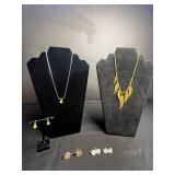 VTG Costume Jewelry - Leaf Necklace, Tiger Eye Pendant w Matching Earrings & Kramer & Coro Clip Earrings