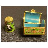 RARE Cloisonne Panda Bear Thimble & Mini Trinket Box & Keychain