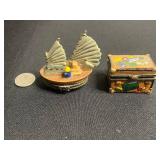 VTG Mini Decorative Trinket Boxes Sailboat w Surprise Inside & Travel Chest w Passport (Set of 2)