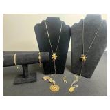 Gold Tone Jewelry Mixed Lot - Trifari Bracelet, Award Pendant, Cancer Medallion & Floral Necklace