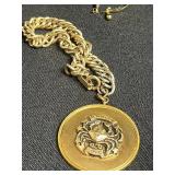 Gold Tone Jewelry Mixed Lot - Trifari Bracelet, Award Pendant, Cancer Medallion & Floral Necklace