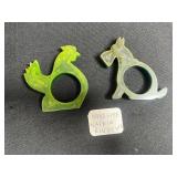 VTG Bakelite Napkin Rings - Green Animal Shaped Pair Inc Scottie Dog & Rooster